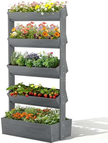 Vertikales Holz Hochbeet mit 5 Etagen Premium Blumenkasten, Frei stehender Blumentreppe Pflanztreppe Gemüsebeet Kräuterbeet Blumenbeet Pflanzkasten für Kräuter, Gemüse, Blumen