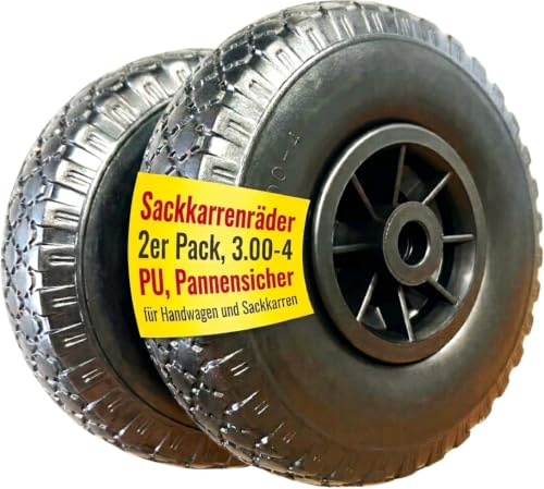2x Sackkarrenrad Pannensicher VOLLGUMMIREIFEN Ø 260 mm, Nabe Ø20×75, 3.00-4 Sackkarren Bollerwagen Rad Ersatzrad Reifen Räder für Sackkarre Bollerwagenrad Sackkarrenräder, Schwarz/Schwarz, PU