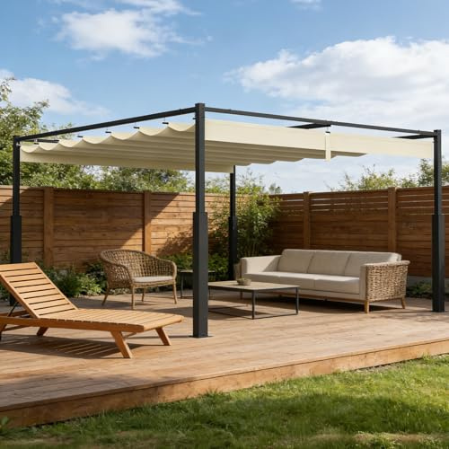 Peviasot 3 x 4 m pergola med magnetisk dyna, trädgårdspaviljong metall fristående, terrasstak med justerbart tak, UV-skydd 30+, stabil för terrass och trädgård, beige