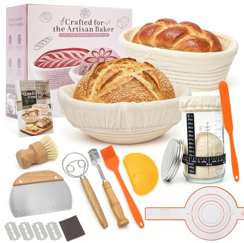 PBWZF Sauerteig Starter Set, 2 Gärkörbchen aus Reinem Naturrattan(23cm Rund & 25cm Oval), Lebensmittelecht Brot Backen Zubehör mit Glas, Messer & Zubehör, Brotbackset für Anfänger & Erfahrene Bäcker