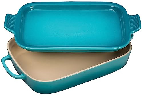 LE CREUSET Rechteckige Auflaufform mit Deckel aus Steingut, Steingut, Caribbean, 14 3/4 x 9 x 2 1/2