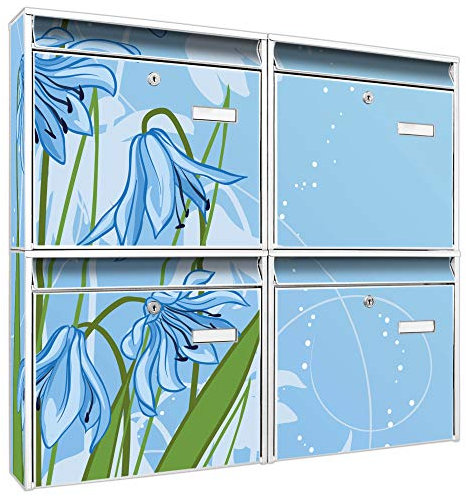 banjado Briefkastenanlage 4 Fach - Postkästen groß - verzinkter Stahl weiß DIN A4 Motiv Bergblaulilie - Briefkasten Set 4 Briefkästen Namensschild, 2 Schlüssel, Montagematerial