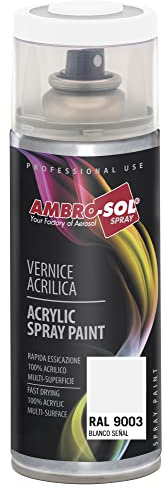 Ambro-Sol V4009003 Smalto Acrilico Multiuso, Vernice Brillante per Interni ed Esterni, Adatto per Qualsiasi Tipo di Materiale, Bomboletta Spray in Banda Stagnata Riciclabile 400 ml, Bianco Segnale
