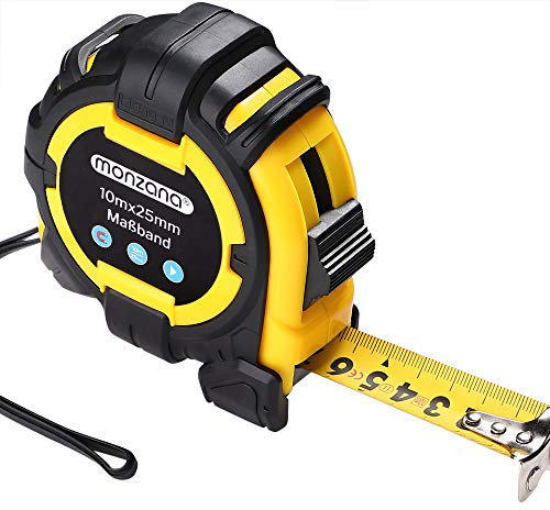 MONZANA® Maßband 10m Rollmeter magnetisch verschiebbarer Endhaken Bandmaß Autorollsystem mit Feststeller & Gürtelklemme