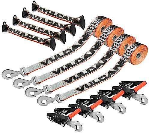 VULCAN 8-Point Roll Back Vehicle Tie Down Kit with Snap Hooks on Both Ends - Set of 4 - Silver Series