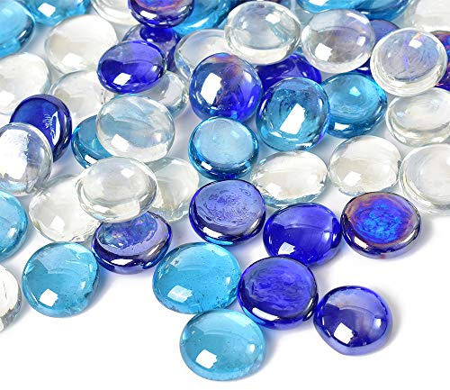 HOKPA Flat Glass Marbles 1lb, 100PCS Mixed Color Blue Glass Beads for Vases Flat Gems Aquarium Pebbles Decorative Vase Filler Table Scatter Decor