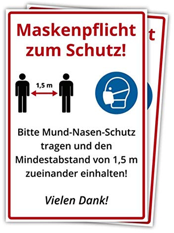 2 Stück Hinweis-Aufkleber 20 x 30 cm - Maskenpflicht und Mindestabstand zum Schutz - 200x300 mm - selbstklebend