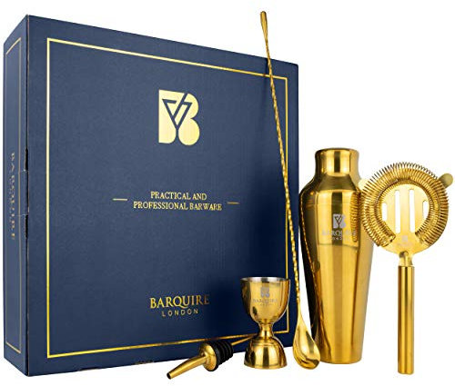 Barquire Premium Cocktail Making Set – Complete Mixology Tool Kit - Gold Cocktail Shaker Set - Parisian Shaker, Mixing Spoon, Hawthorne Strainer, Jigger & Recipe Booklet - Luxury Gift Box