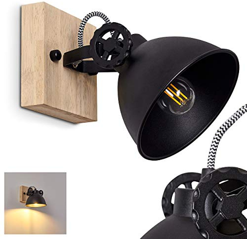 Wandlampe Svanfolk, Wandleuchte aus Metall und Holz in Schwarz/Natur, 1-flammig, mit verstellbarem Strahler, 1 x E14-Fassung, Retro/Vintage Design, ohne Leuchtmittel
