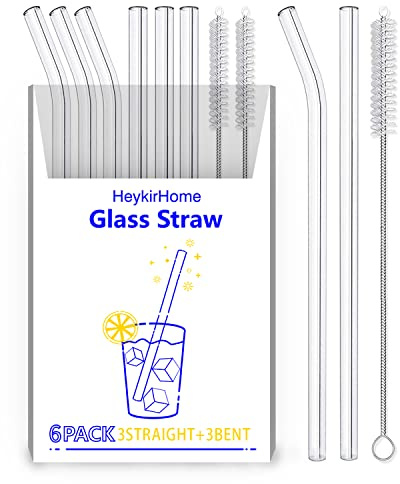 HeykirHome 6-Pack Reusable Glass Straw-Transparent,Size 8''x10 MM,Including 3 Straight and 3 Bent with 2 Cleaning Brush- Perfect For Smoothies, Tea, Juice-Clear