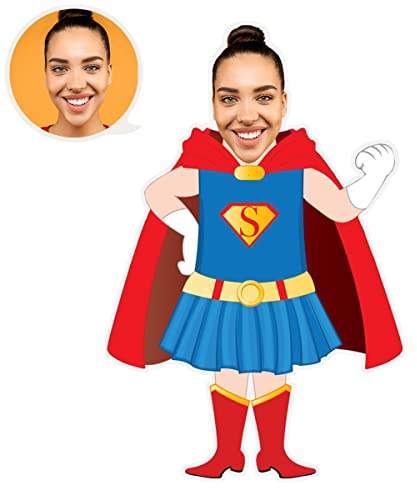 ASSIALL Personalisiertes Gesicht Mini Me Kissen Benutzerdefinierte Puppenförmige Fotokissen 3D Duplex Druck Sofa Auto Poly Baumwolle Dekokissen Home Ornament Plüschtier Geschenk, Super Girl, 20cm