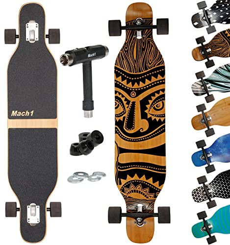 Mach1 Bambus Longboard mit Keramik Kugellager + T-Tool - Skateboard Drop Through Cruiser Komplettboard (Mask)