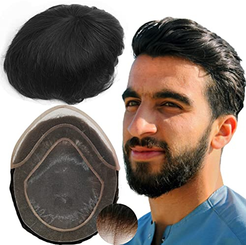 Toupee for Men Yanahair Straight Hair Pieces Mens Hollywood Toupee Human Hair Replacement System 100% European Real Human Hair System Fine French Lace with PU Around (#1B Off Black, 8x10)
