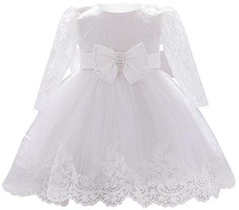 Odizli Taufkleid Baby Mädchen Langarm Spitze Blumenmädchenkleider Prinzessin Kleid Stickerei Tüllkleid Festliches Hochzeit Taufe Tütü Erstkommunion Ballkleid 1. Geburtstag Kleidung Weiß 18-24 Monate