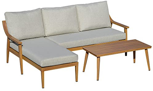 Outsunny 3-teiliges Gartenmöbel Set mit Chaiselongue Doppelsofa Beistelltisch & Kissen Khaki Loungemöbel Gartenmöbel weiche Polsterung Khaki+Natur