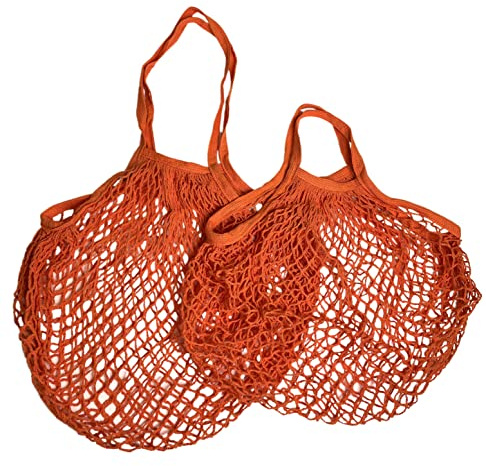 Modo Reusable (2 Pack) String Cotton Net Shopping Bags 1 Short & 1 Long Handle Bag Multipurpose Toys Storage (Orange)