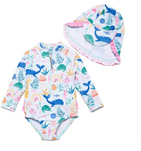 BONVERANO Maillot de Bain Une pièce à Manches Longues pour bébés Filles Protection UV 50+ avec Bonnet de Bain (Blanc-océans,24-36m)