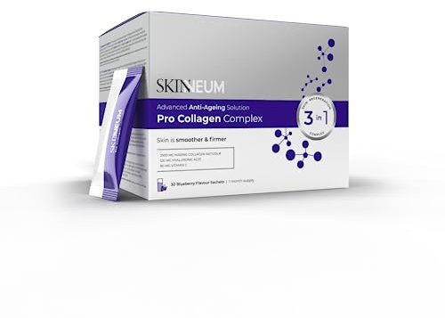SKINNEUM Pro Collagen Complex (30 Sachets) Hochdosiertes Anti Aging Mittel, 2500 mg Hydrolysiertes Kollagen Typ I Hyaluronsäure Vitamin C, Gentechnikfrei Magnesiumstearatfrei, Gesunde Haut Haare Nägel
