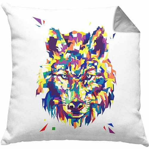 Trendation Wolf Poiygon Grafik Kissen mit Füllung 40x40 Geschenk Wölfe Liebhaber Bunt (Grau)