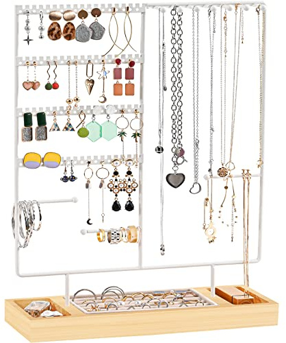 ProCase Jewellery Organiser Stand Earring Holder, 144 Holes Stud Earring Display Rack Necklace Storage Tower with Removable Wood Ring Tray for Necklaces Earrings Bracelets Rings -White