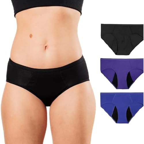 Bambody Absorbent Brief, Super Comfy Period Underwear for Women - Leakproof Period Panties - Medium, 3 Pack, Black - Dark Blue - Purple