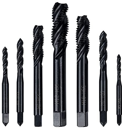 Mesee Jeu de 7 Tarauds à Filetage Hélicoïdal HSS Tarauds à Vis Cannelés Spirale Métrique Tarauds Assortiment M3 M4 M5 M6 M8 M10 M12 Outil de Taraudage de Filetage en Acier Rapide Revêtement en Nitrure