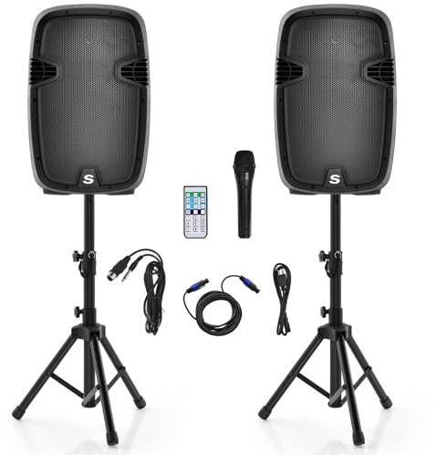 GOFLAME 2000W 2-Way Powered Speakers, 12 Portable Dual Speakers PA System with TWS Bluetooth, USB SD Card, AUX MP3 FM Radio, Microphone, 2 Tripod Stands, Remote and Cables, Indoor and Outdoor Use