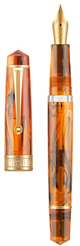 Asvine P20 Piston Fountain Pen Amber Resin, Iridium Medium Nib Gold Trim Smooth Writer Collection with Case Set