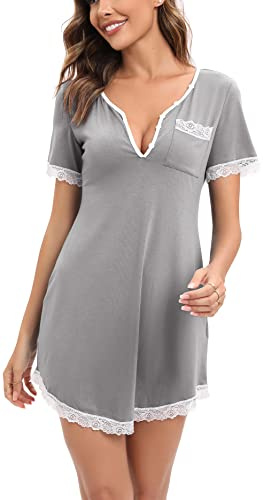 Yukiuiny Chemises de Nuit Femme Coton Dentelle Nuisette Robe de Nuit Courte T Shirt de Nuit Pyjama Casual Col V Sexy Maternité Allaitement Top Confortable Gris*Manche Courte S