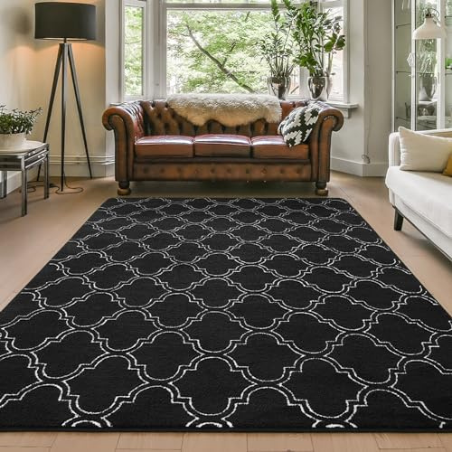 Amearea Fluffy Indoor Trellis Rug, Soft Moroccan Home Rugs for Bedroom, Shag Modern Area Rug for Living Room Kids Room Nursery, Easy Clean, Home Decor Low Pile Carpet, Black 4x6 Feet
