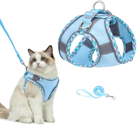 Brifit Verstellbares Katzengeschirr mit Leine Ausbruchsicher, No Pull Schritt in Katzengeschirr mit Super Atmungsaktivem Mesh, Katzen Geschirr Set Softgeschirr Brustgeschirr für Kleine Hunde, Katzen