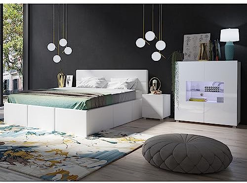 Lomadox Schlafzimmer Set 4-teilig mit Bett 160x200cm, 2 Nachttische, Highboard in weiß Hochglanz mit weißem Kunstleder Modern