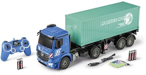 Carson 500907671 1:20 MB Arocs con container 100% RTR - Veicolo telecomandato, camion con funzione di luce e suono, batterie e telecomando inclusi, 30 minuti di guida