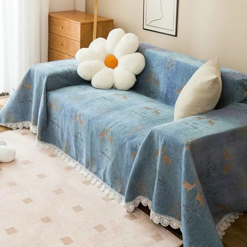 Ayoiow Überzug für Sofa U Form Bezug Sofa Blau Überzug Sofa 1 Sitzer Chenille Baum Und Hirschmuster Mit Spitzenkanten