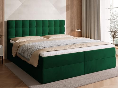 BROMARKT Boxspringbett 180x200cm mit Topper und Bettkasten H3 Grün | Doppelbett für Schlafzimmer mit Bonell Matratze Stauraum und gepolsterte Kopfstütze Bett Bed Einzelbett Federkern DETROIT