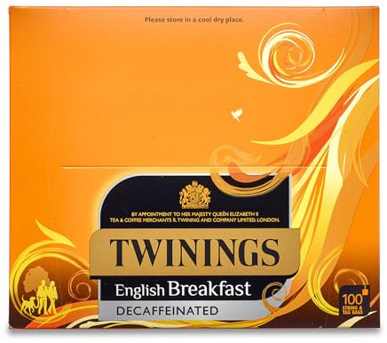 Twinings English Breakfast Decaffeinated String & Tag Tea Bags, 6 boxes of 100 tea bags, 600 total.