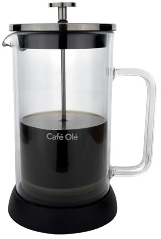 Café Olé Doppio Cafetera de cristal de doble pared, prensa francesa, base antideslizante de silicona, 8 tazas de café expreso/1000 ml, color negro