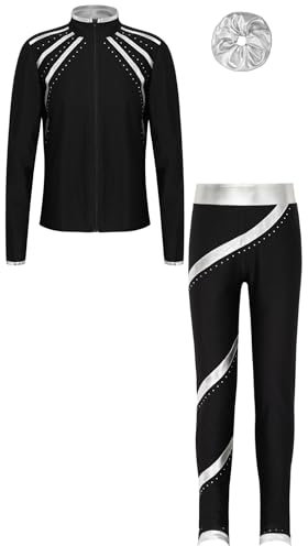HULIJA Kinder Mädchen Eiskunstlauf Kleidung Set Langarm Eiskunstlauf Jacke mit Strass+ Leggings + Haarband Sportsanzug Fitness Silber 122-128