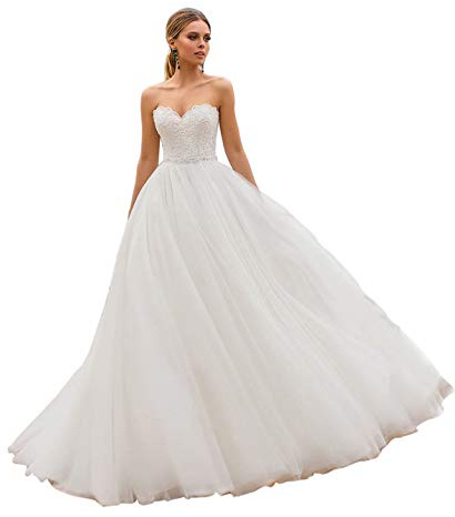 LNNLSS Vestido de Novia de Tul Largo de la Princesa Retro sin Tirantes para Hombros Elegante para Mujeres, Blanco, 38