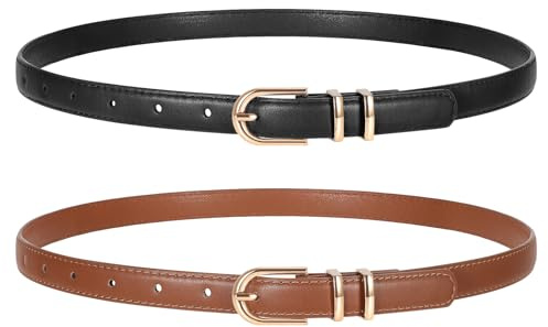 WERFORU Lot de 2 ceintures fines en cuir pour femmes pour jeans - Ceinture en similicuir avec boucle dorée, Gürtellänge 120cm,passend für Taille 93-105cm