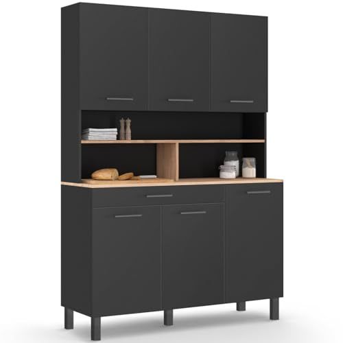 IDMarket - Küchenbuffet 120 cm CINA 6 Türen + Schublade schwarz und Platten in Buchenoptik