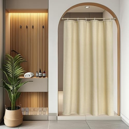EurCross Rideau de douche en lin texturé étroit 90x200 cm, luxe hôtel, lourdes rideaux de douche imperméables, beige, textile lavable anti-moisissure, petit rideau de bain pour salle de bain avec 6
