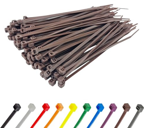 Brown Cable Ties (1000 Pack - 200mm x 2.5mm) Nylon Zip Ties Plastic Tie Wraps for Office Cable Tidy Garden DIY