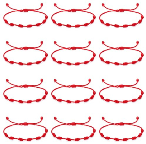 AOZUO Lot de 12 bracelets à cordon rouge, réglable, 7 nœuds, bracelet de protection et porte-bonheur tressé, amulette de cheville pour la protection et la bénédiction