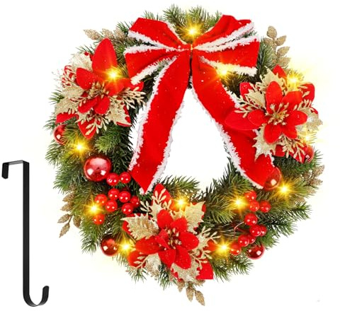 Weihnachtskranz Adventskranz Hängend mit Haken, 40CM Türkranz Weihnachten Außendekoration mit Beleuchtung, Künstlicher Bowknot Weihnachtskranz Haustür