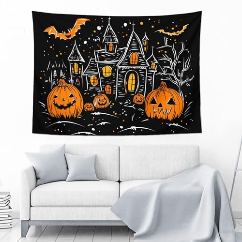 Kürbis-Halloween-Wandteppich,3D-Druck,Cartoon-Holzhaus Und Fledermaus-Horror-Thema,Wandteppich,Halloween-Wandteppich,Wohnheim-Dekor Für Wohnzimmer,Schlafzimmer,Wohnheim,Schwarz,A,130 × 150 Cm (50