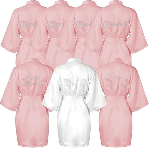 ASMIZ Lot de 7 robes de mariée en satin pour demoiselle d'honneur, robe kimono pour fête prénuptiale, rose, Taille unique