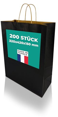 h-Green Papiertüten mit Henkel 320x420x150 mm (200 Stück), tragbare Papiertüten mit 7kg Tragfähigkeit, recycelbare Geschenktüten aus FSC® zertifiziertem Recycling-Kraftpapier, 100g/m², schwarz