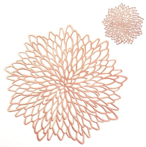 MI CASA Placemats and Coaster Set of 6, Rose Gold Round Table Placemats Dining Table Mats Heat Resistant Anti-slip and Washable Place Mats for Christmas, Wedding, Dinner Parties, Restaurant, Hotel