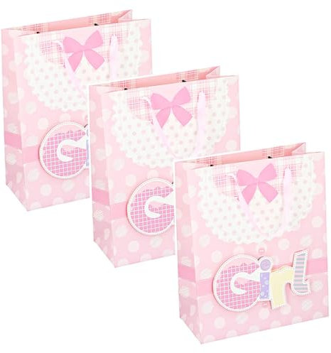 Murago - 3er Set Geschenktaschen  Girl  ca.32x26x12cm - Rosa - Geschenktüten Babyparty Neugeborenes Girl Pink Gastgeschenke Reveal mit Henkel Babyshower Dekoation